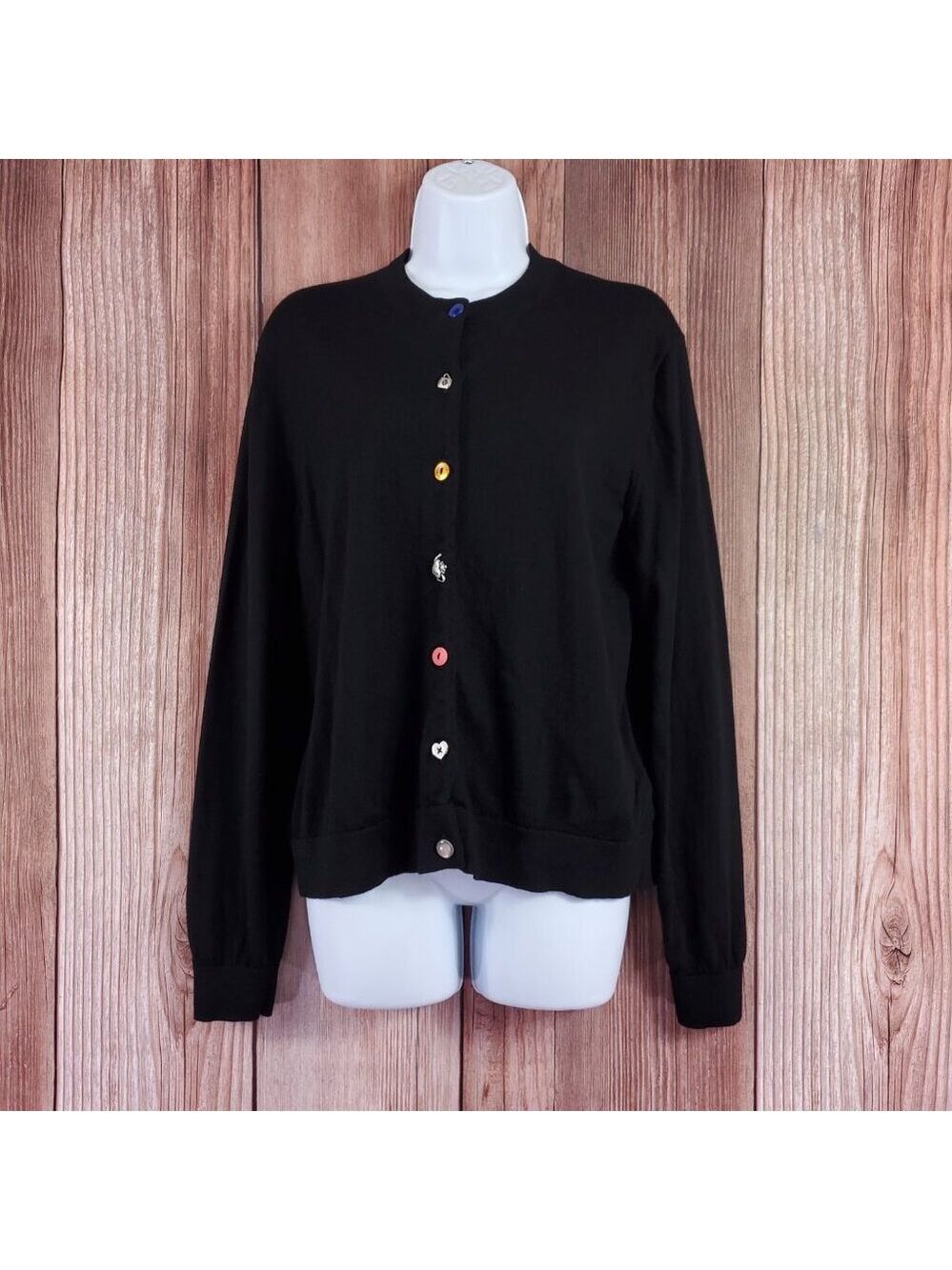 Paul Smith Womens XL Black 100% Wool Cardigan Sweater Teapot Charms Fun Buttons